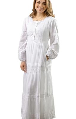 Women's Modest White Full Length Long Sleeve Cotton Special Occasion Dress with Button Down Front