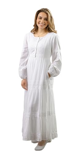 31Rhe-VDC2L.jpg Women's Modest White Full Length Long Sleeve Cotton Special Occasion Dress with Button Down Front