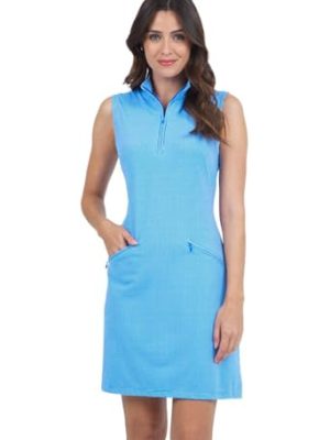 Sun Protective UPF 50+ Icefil Cooling Mini Check Sleeveless Mock Neck Dress w Pockets - 58754 Blue/White Mini Check M