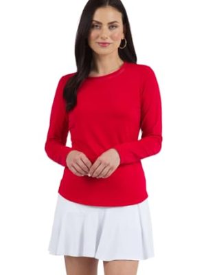 IBKUL Athleisure Wear Sun Protective UPF 50 Icefil Cooling Tech Long Sleeve Crew Neck Top with Under Arm Mesh – 83000 Red Solid
