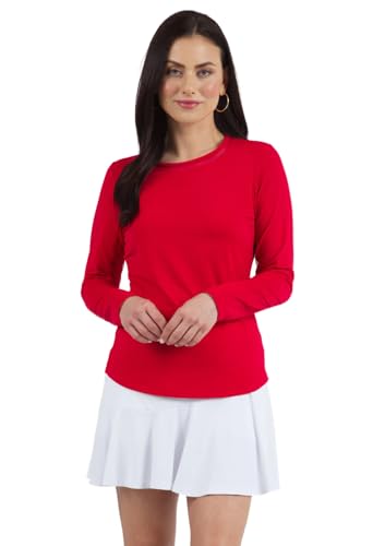 IBKUL Athleisure Wear Sun Protective UPF 50 Icefil Cooling Tech Long Sleeve Crew Neck Top with Under Arm Mesh – 83000 Red Solid