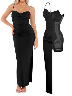 Women's Summer Maxi Dress - Shapewear Long Formal Cocktail Party Dresses Ruched Bodycon Dress