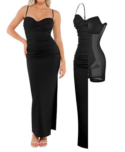 Women's Summer Maxi Dress - Shapewear Long Formal Cocktail Party Dresses Ruched Bodycon Dress