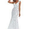 Women's Formal Dress Sequin Tulle Double V-Neck Sleeveless Mermaid Long Evening Dress 07886