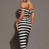 Women Stripe Off Shoulder Crop Top and High Waist Skirt Two Piece Sets Celebrity Evening Club Party Outfits