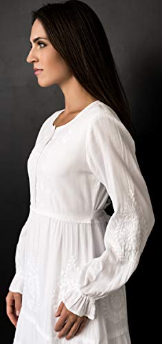 31W-YshenIL.jpg Women's Modest White Full Length Long Sleeve Cotton Special Occasion Dress with Button Down Front