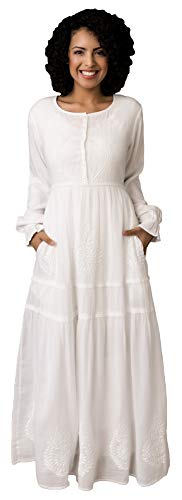 31WlqySdcvL.jpg Women's Modest White Full Length Long Sleeve Cotton Special Occasion Dress with Button Down Front