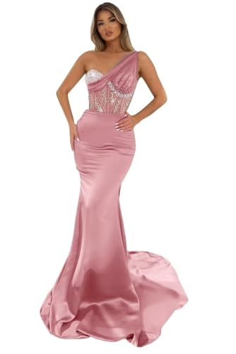 31X1GzOZQeL.jpg Sequin Beaded Mermaid Prom Dresses Long Sexy One Shoulder Satin Tulle Formal Evening Party Gowns with Train 2024