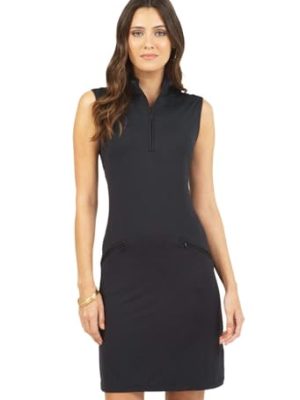 Sun Protective UPF50+ Icefil Quick Dry Cooling Sleeveless Mock Neck Dress w Pockets 58000 Black Solid M