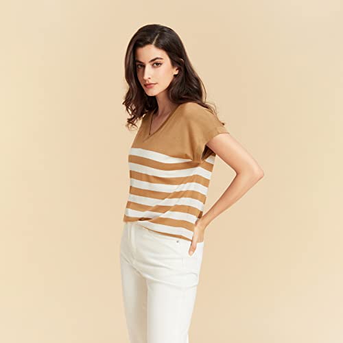 Women's Silk Cashmere Classics V-Neck Striped T-Shirt Loose Casual Summer Tee