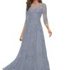Lace Appliques Mother of The Bride Dresses Long with 3/4 Sleeve Beaded Scoop Neck Formal Gowns