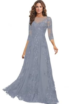 Lace Appliques Mother of The Bride Dresses Long with 3/4 Sleeve Beaded Scoop Neck Formal Gowns