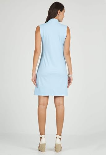 31dIqbeKkwL.jpg Sun Protective UPF 50+ Icefil Cooling Mini Check Sleeveless Mock Neck Dress w Pockets - 58754 Blue/White Mini Check M