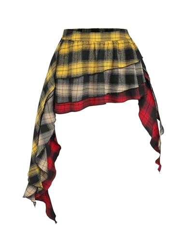 31dXOHeKxBL.jpg Women's Plaid Skirt Low Waist Asymmetrical Tiered Ruffle Y2k Mini Skirts
