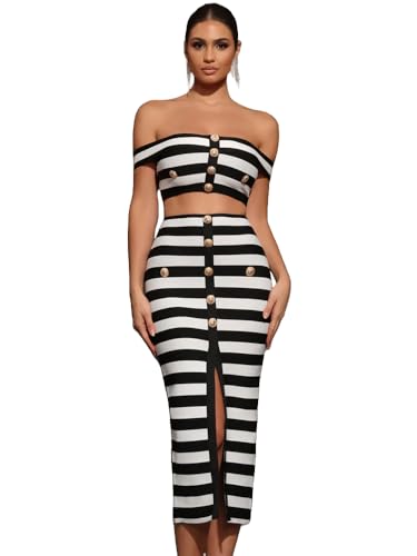 Women Stripe Off Shoulder Crop Top and High Waist Skirt Two Piece Sets Celebrity Evening Club Party Outfits