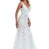 Women's Formal Dress Sequin Tulle Double V-Neck Sleeveless Mermaid Long Evening Dress 07886