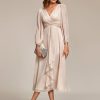 Women's Elegant A Line Ruched V Neck Long Sleeves Tea-Length Wedding Guest Dresses 01977