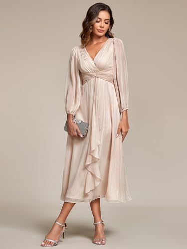 Women's Elegant A Line Ruched V Neck Long Sleeves Tea-Length Wedding Guest Dresses 01977