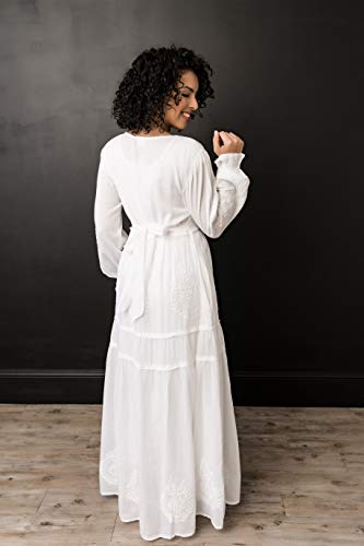 31hQCvamRsL.jpg Women's Modest White Full Length Long Sleeve Cotton Special Occasion Dress with Button Down Front