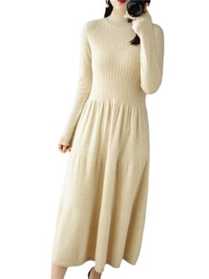 Women Pullover 100% Cashmere Wool Dress Premium Soft Knit Half Turtleneck Long Dress Sweater