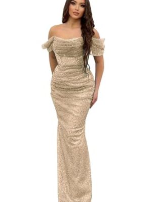 Women's Sparkly Sequin Prom Dress Long Off Shoulder Formal Dresses 2025 Elegant Ruched Evening Gowns Glitter JA0038