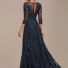 Lace Appliques Mother of The Bride Dresses Long with 3/4 Sleeve Beaded Scoop Neck Formal Gowns