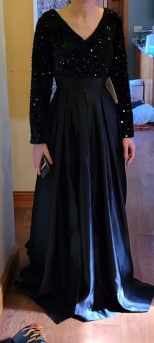 31oe-shuI-L.jpg Women's Sparkly Sequin Prom Ball Gown with Pockets Long Sleeve Satin Formal Evening Dress with Slit YMS224
