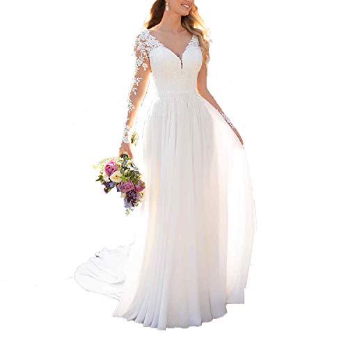 31rmPvbt2mL.jpg Wedding Dresses for Bride 2025 with Lace Appliques Chiffon A Line Women Dress Long Sleeves Beach Bride Dress