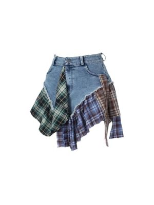 Gothic European and American Women's Clothing, Sexy Irregular Plaid Skirt, Design Sense Patchwork Denim Short Skirt