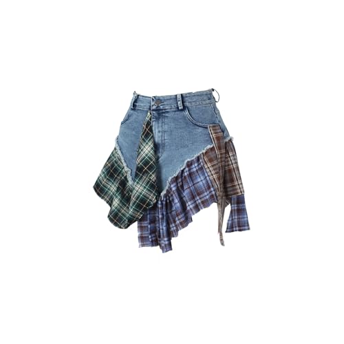 31shi-EVML.jpg Gothic European and American Women's Clothing, Sexy Irregular Plaid Skirt, Design Sense Patchwork Denim Short Skirt