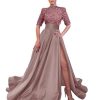 Mock Turtle Neck Prom Dresses Half Sleeve Formal Gowns Sequins Satin Evening Dress A-Line Ball Gown Slit JS0005
