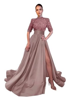 Mock Turtle Neck Prom Dresses Half Sleeve Formal Gowns Sequins Satin Evening Dress A-Line Ball Gown Slit JS0005