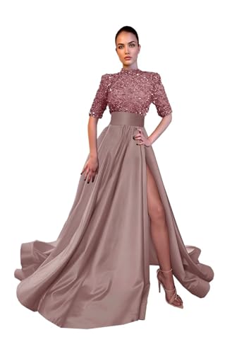31tNVSGcU8L.jpg Mock Turtle Neck Prom Dresses Half Sleeve Formal Gowns Sequins Satin Evening Dress A-Line Ball Gown Slit JS0005