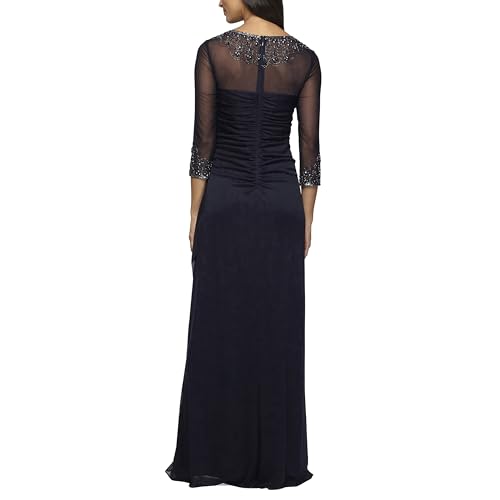 Women's Long A-line Mother of The Bride Dress with Illusion Neck and Sleeves (Petite and Regular Sizes)