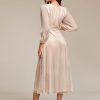 Women's Elegant A Line Ruched V Neck Long Sleeves Tea-Length Wedding Guest Dresses 01977