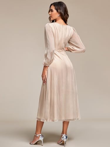 Women's Elegant A Line Ruched V Neck Long Sleeves Tea-Length Wedding Guest Dresses 01977