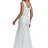 Women's Formal Dress Sequin Tulle Double V-Neck Sleeveless Mermaid Long Evening Dress 07886