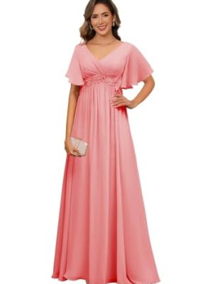 Short Sleeves Plus Size Mother of The Bride Dresses for Curvy Women V Neck Formal Dresses with Pockets YZTS224