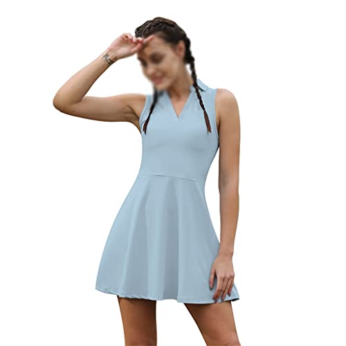 2pcs Tennis Dress Suit Solid Sleeveless Turn-Down Collar Badmintan Golf Tennis Dresses