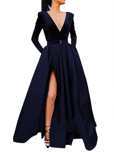 31vxYu9x4WL.jpg Women's Sparkly Sequin Prom Ball Gown with Pockets Long Sleeve Satin Formal Evening Dress with Slit YZTS055