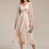Women's Elegant A Line Ruched V Neck Long Sleeves Tea-Length Wedding Guest Dresses 01977