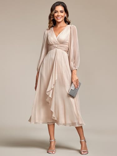 Women's Elegant A Line Ruched V Neck Long Sleeves Tea-Length Wedding Guest Dresses 01977