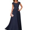 Women's Lace Applique Mother of The Bride Dress Cap Sleeves Round Neck Evening Gown NO195