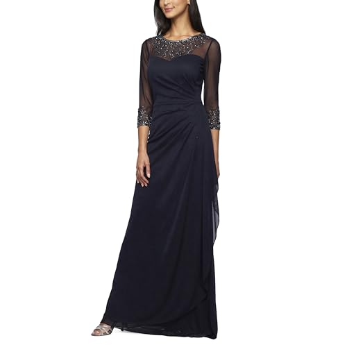 Women's Long A-line Mother of The Bride Dress with Illusion Neck and Sleeves (Petite and Regular Sizes)