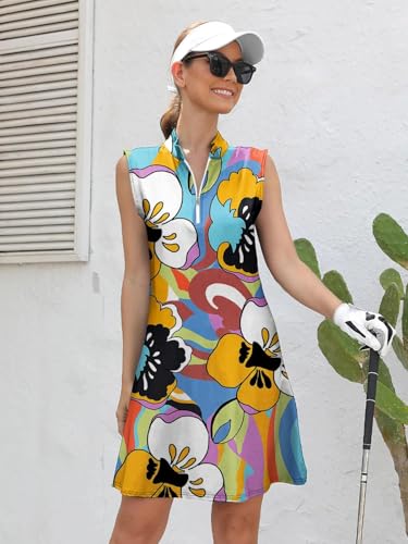 410a857jXUL.jpg Tennis Dresses for Women with 2 Pockets Sleeveless Womens Golf Dress Quarter Zip Stand Collar Printed Athletic Dress