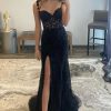 Women's Lace Mermaid Prom Dresses Long with Slit Mermaid Spaghetti Straps Backless Formal Evening Gowns YZTS099