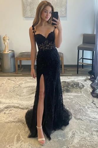 4118Pe0vL.jpg Women's Lace Mermaid Prom Dresses Long with Slit Mermaid Spaghetti Straps Backless Formal Evening Gowns YZTS099