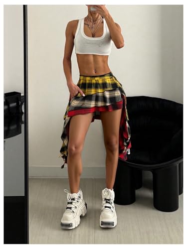 411NLmbg9PL.jpg Women's Plaid Skirt Low Waist Asymmetrical Tiered Ruffle Y2k Mini Skirts
