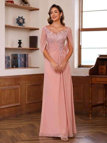 4123fgPhrsL.jpg Lace Appliques Mother of The Bride Dress for Women Long Chiffon Cape Sleeve Lace Mother Groom Dresses RO209