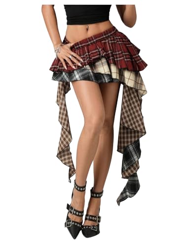 Women's Plaid Ruffle Mini Skirt Y2k A Line Layered Asymmetrical Hem Skirts with Shorts Underneath